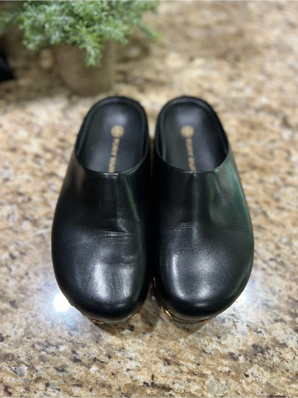 Tory Burch Black Leather Platform Mules with Gold Coins 6M